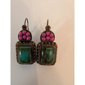 Vintage Boho-Style Dangle Earrings With Green Stone & Pink Bead Accents